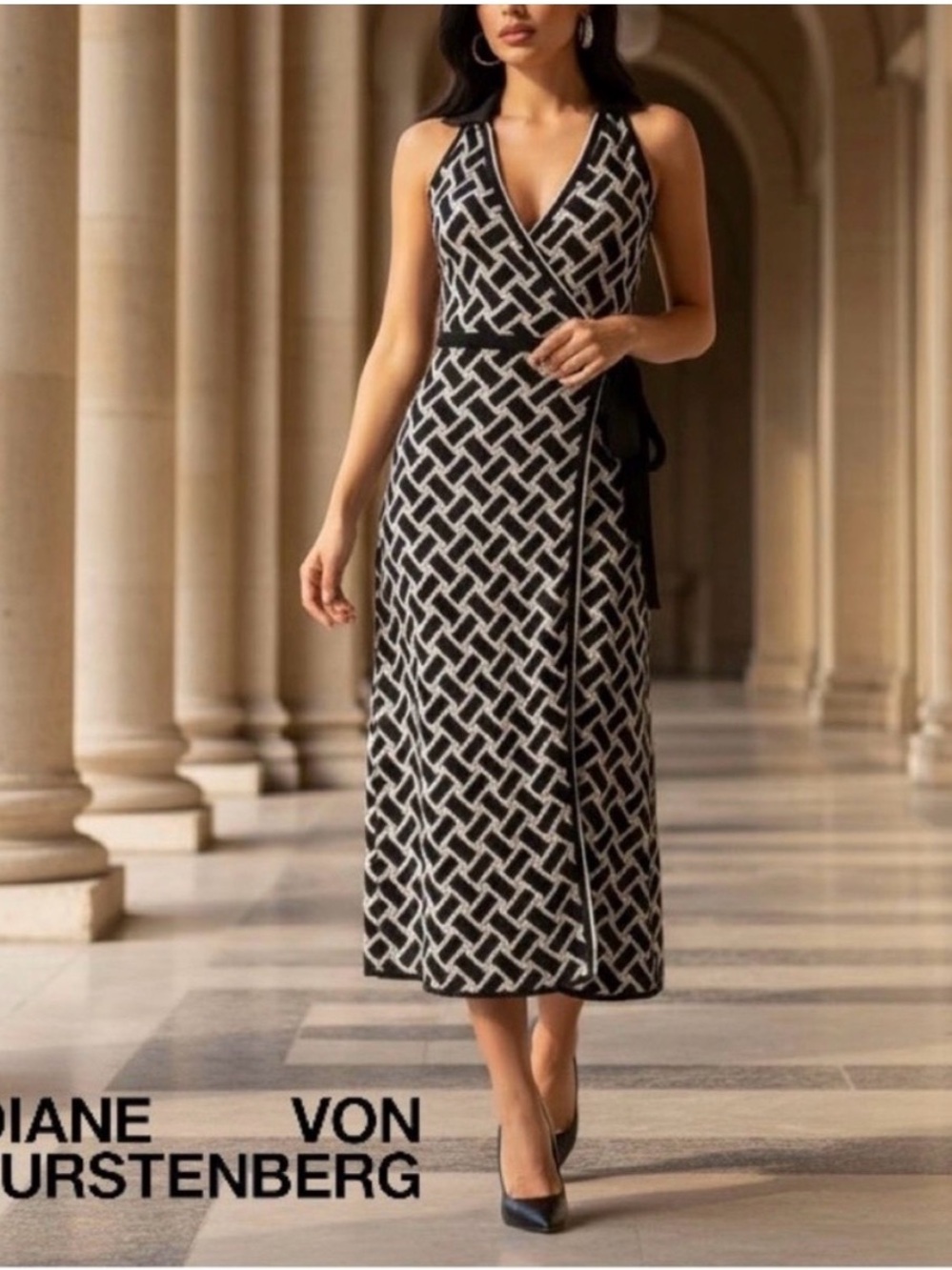 Diane Von Furstenberg Black and White Geometric Wrap Midi Dress